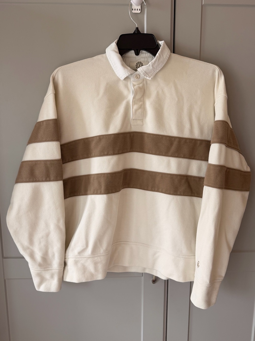 American Eagle x Tru Kolors Cream Brown Striped Piqué Rugby Sweatshirt Size M